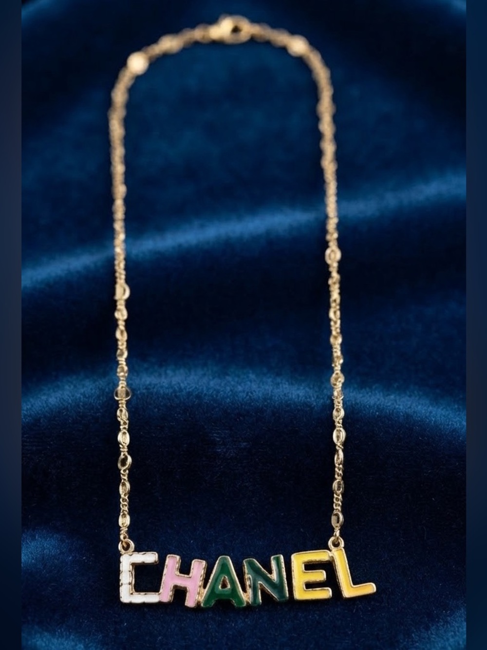 Gold Necklace with Multicolor Enamel Letter Pendant